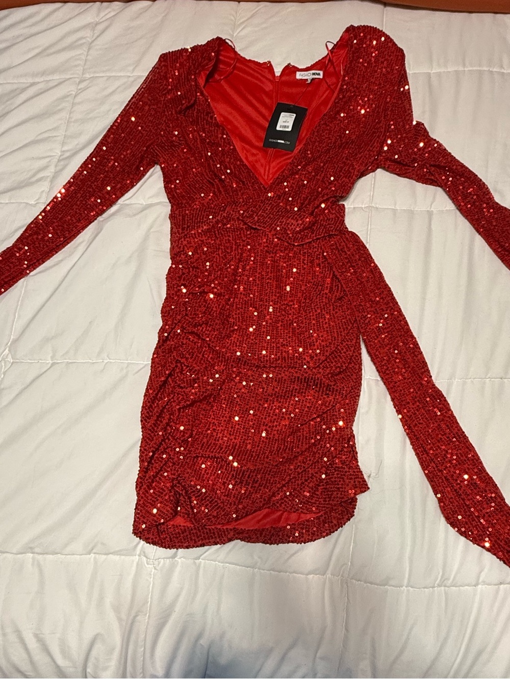 Fashion Nova Red Sequin Long Sleeve Wrap Dress